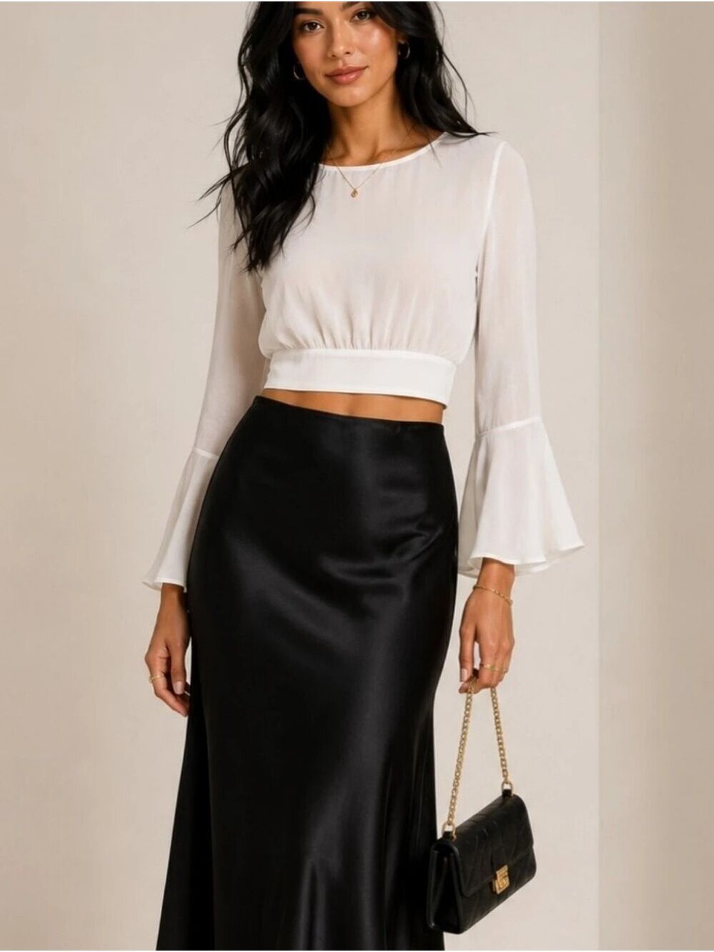Ambiance White Bell Sleeve Tie Back Crop Top Size Small